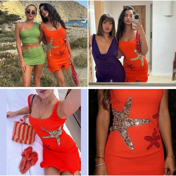 Women Teen Sequin Starfish Mini Dress Ruffle Hem Sleeveless Bodycon - Picture 5 of 7